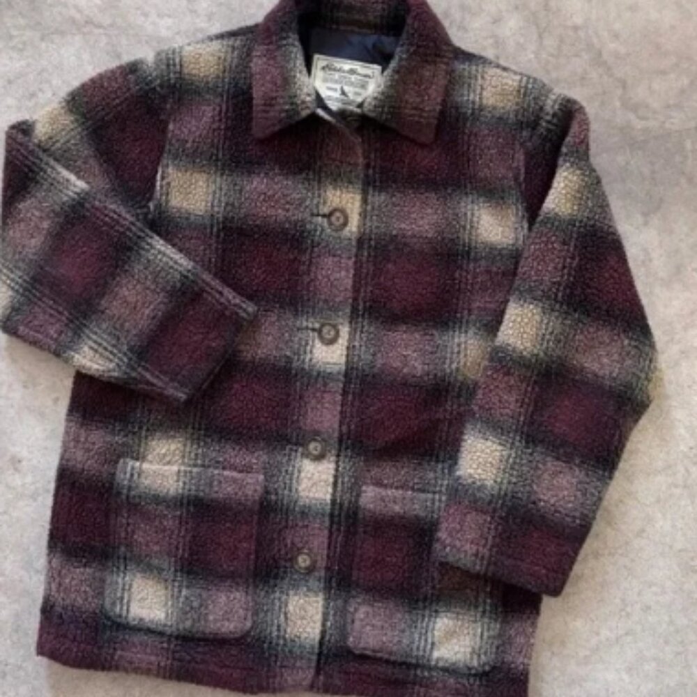 Vintage Women's Eddie Bauer Plaid Sherpa Button Jacket Lined Coat Y2K Size XS